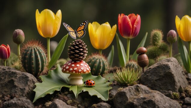 A nature-inspired still life featuring pinecone mushroom butterfly leaf cactus acorn tree ladybug tulip and flower oak branch