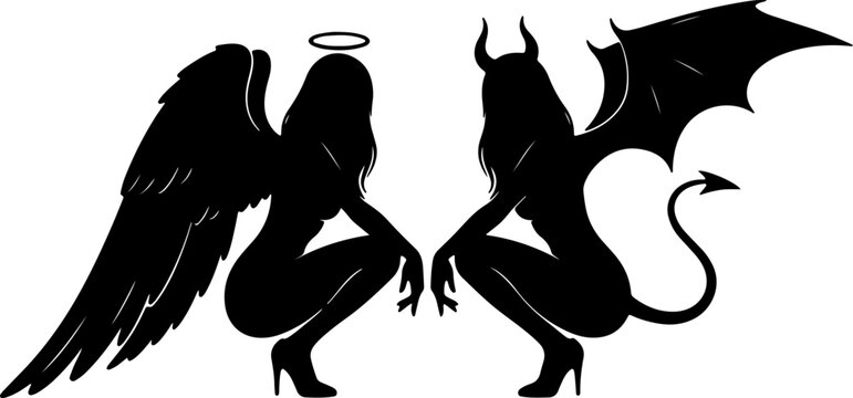 Angel and Devil woman silhouettes crouching facing each other, good versus evil concept vector illustration, black female figures with wings and horns, duality and temptation symbol
