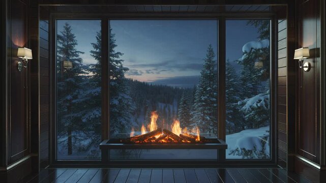 Realistic flames of a modern electric fireplace in a cozy room overlooking snowy winter forest for a cozy home concept.