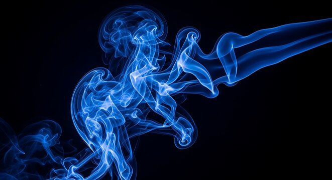 Vibrant blue flowing smoke creating an abstract ethereal pattern with dynamic swirling shapes, perfect for contemporary design backdrops.