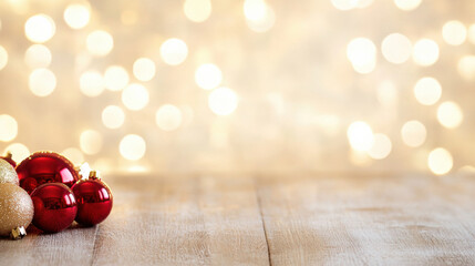Festive composition of glowing red and gold holiday ornaments on rustic wooden surface with warm bokeh lights creating joyful atmosphere