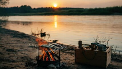 Cooking fish over campfire by river at sunset