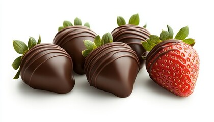 Obraz premium Delicious Fresh Red Strawberries Dipped in Rich Dark Chocolate on a Pure White Background