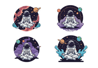 Astronaut meditating in space with planets and stars.