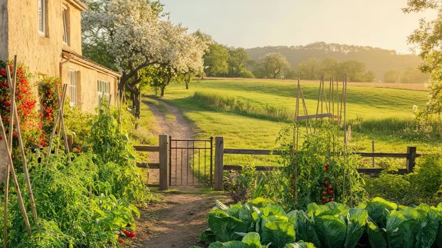 Lush garden with vegetables beside rustic house on sunny day