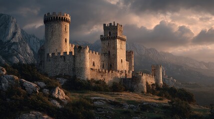 Dramatic medieval castle exterior under a stormy sky lightning illuminating the towers moody and atmospheric highly detailed