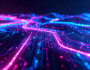 Abstract digital circuit board with glowing pink and blue data streams. Represents technology, connectivity, big data, and communication networks.
