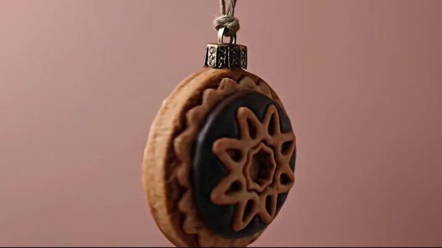 A creative close-up shot of a festive hanging ornament designed to look like a round gingerbread cookie. The decoration features a dark chocolate glazed center with a raised star pattern and is suspen