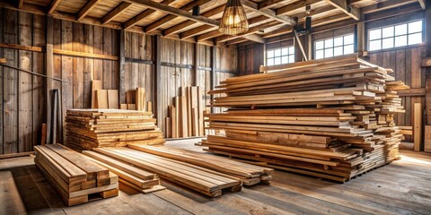 Fototapeta premium Sunlit Warehouse Filled with Stacks of Planed Lumber, Ready for Construction and Crafting Projects