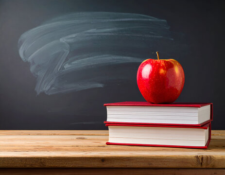 A vibrant red apple rests on a stack of books with a chalkboard background, symbolizing education, knowledge, and back to school concepts. Ideal for learning themes.