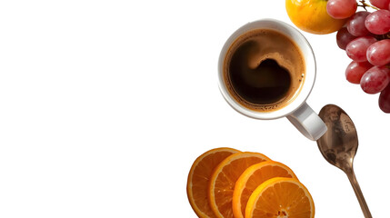 A cup of coffee with orange slices, grapes, persimmon, and a spoon on a black background view from above on transparent background