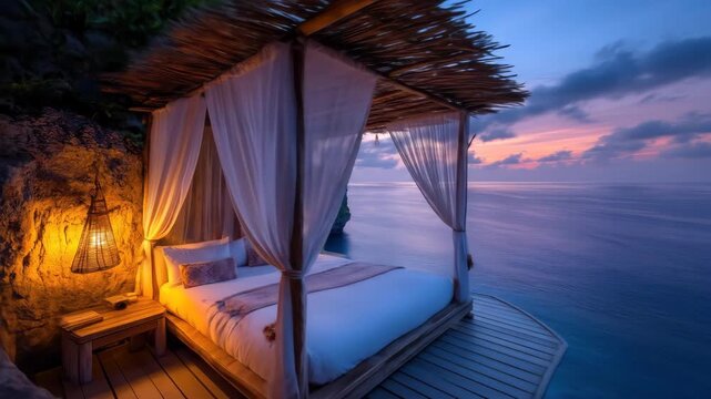 A romantic bed with sheer curtains and a thatched roof sits atop a cliff overlooking the ocean at sunset