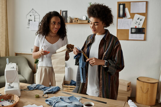 Upcycling together A blissful lesbian couple creating art at home
