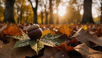 Sunset forest backdrop with dewy acorn on oak leaf
