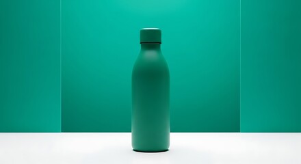 tea green colored drinking bottle placed on a white table, placed in front of a tea green background, futuristic photo concept with bright colors