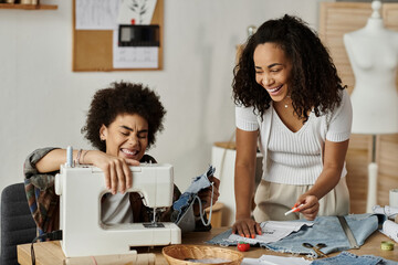 Creative couple enjoys upcycling denim together in their cozy home studio