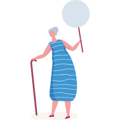 Elderly Woman with Cane and Sign in Striped Blue Dress on Transparent Background