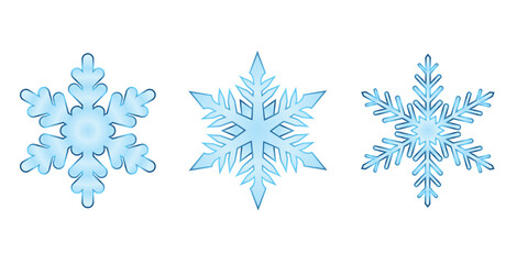 Three light blue snowflakes on white background for winter holiday designs