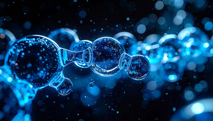Abstract water molecules forming bubble-like structures, glowing with blue light, futuristic science fiction