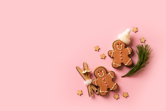 Funny gingerbread cookies with christmas decor and fir