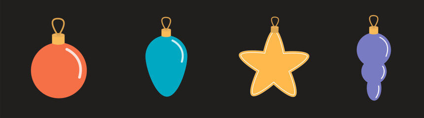 Christmas toy ball icon set. Christmas tree toy decoration. Round Star shape. Different color. Cute colorful bauble toy collection. New Year sign symbol. Flat design. Black background. Vector