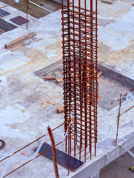Concrete construction site with metal reinforcements
