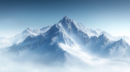 Obraz premium Snow covered mountain range with highest peak reaching into foggy clouds captured from aerial perspective showcasing majestic peaks and valleys