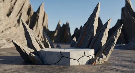Minimalist nature stone podium of crack stone surrounded by sharp rocks behind pedestal product stage stand backdrop