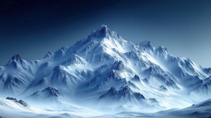 Majestic snow-covered mountain range under the night sky with sharp peaks and a serene blue color palette creating tranquil scene