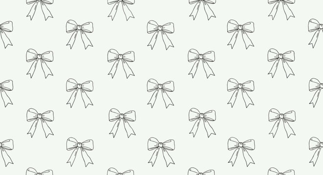 Simple seamless pattern of hand-drawn stitched bows on a light green background perfect for gift wrap or fabric design.