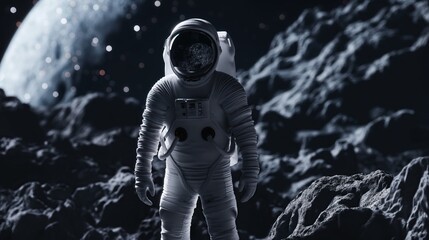 Astronaut standing on the moon in white space suit with helmet and visor against dark background featuring distant planet Earth