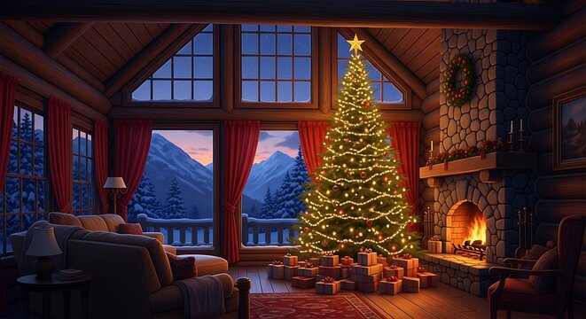 Cozy christmas cabin with decorated tree and mountain view at twilight