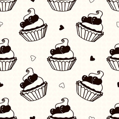 Cupcake  with hearts vector seamless pattern
