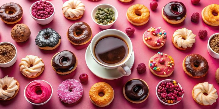 Sweet Treats and Coffee Break Delight A Colorful Arrangement of Donuts and Confections