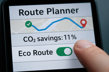 Naklejka premium Eco route planner on digital device helps reduce CO2 emissions and supports supply chain and logistic efficiency for sustainable travel