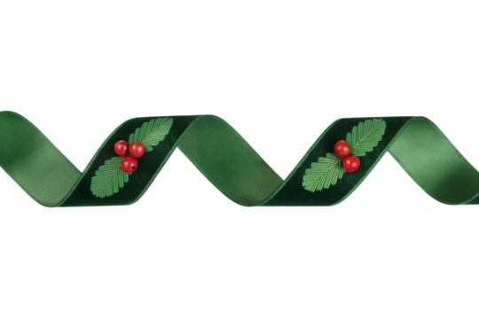 Festive green ribbon with berry embellishments  . Isolated on transparent background, png