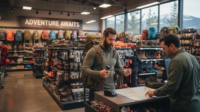 Adventurer shopping in gear store, preparing for exploration.