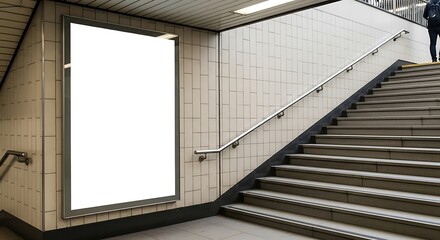 A blank white poster in the entrance of an underground station, next to stairs and handrail