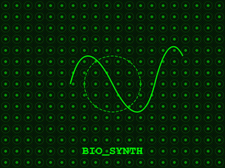 Modern bio-synth graphic with green wave pattern on dark background