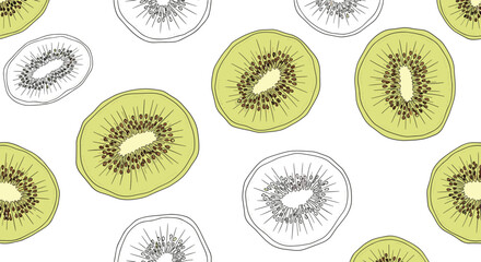 Seamless pattern with hand-drawn kiwi fruit slices in both color and black outline style on a white background.
