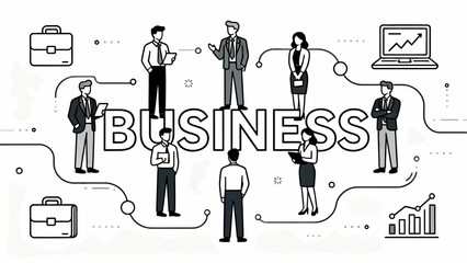 This illustration features a diverse group of business professionals engaging in collaboration and various corporate activities around the word "BUSINESS", highlighting the key elements of teamwork
