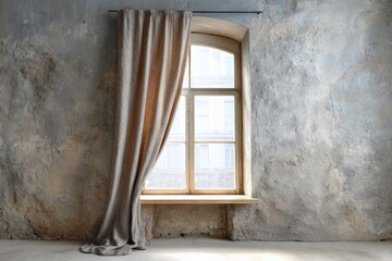 Tall fabric drapery hangs beside an old wooden window set into a textured stone wall