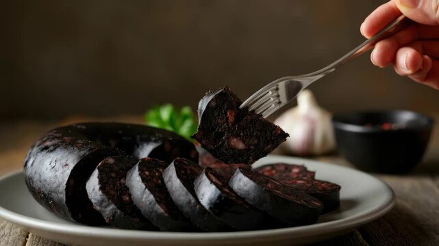 Slices of black pudding on plate, with fork picking up one slice