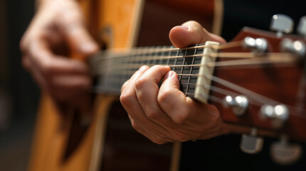 Obraz premium Mano tocando acordes en guitarra acústica en primer plano