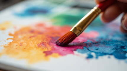 Obraz premium Pincel sobre acuarela con mezcla de colores vibrantes en papel artístico