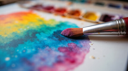 Fototapeta premium Pincel sobre acuarela con mezcla de colores vibrantes en papel artístico