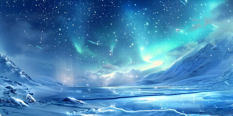 Majestic landscape showcases a celestial display with brilliant stars and the aurora borealis dancing across the night sky, casting an ethereal glow over snow-capped mountains and a serene, frozen...