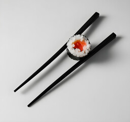 Enjoy fresh salmon sushi roll with chopsticks on a clean white background, perfect for culinary blogs, restaurant menus, and modern food presentations