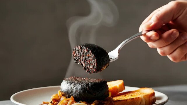 Steamed black pudding on fork, served with grilled onions and toast