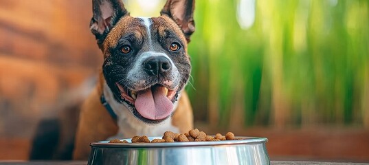 Excited Pitbull Terrier Eagerly Anticipating Delicious Dog Food Snack in Sunny Backyard Setting
